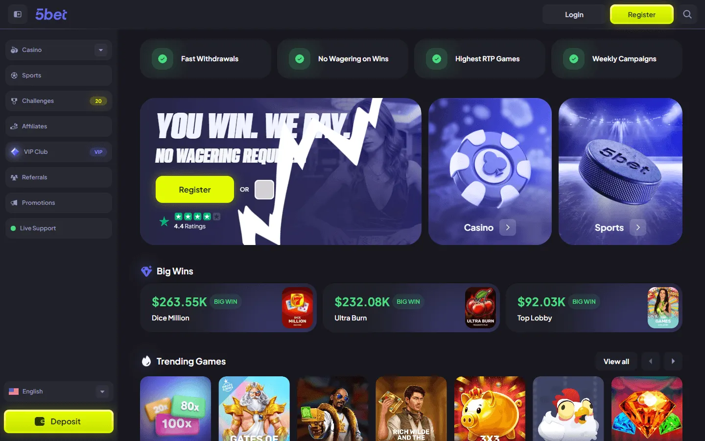 5Bet Casino homepage and game lobby