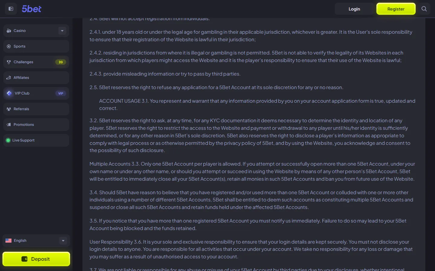 5Bet official terms covering verification and withdrawals