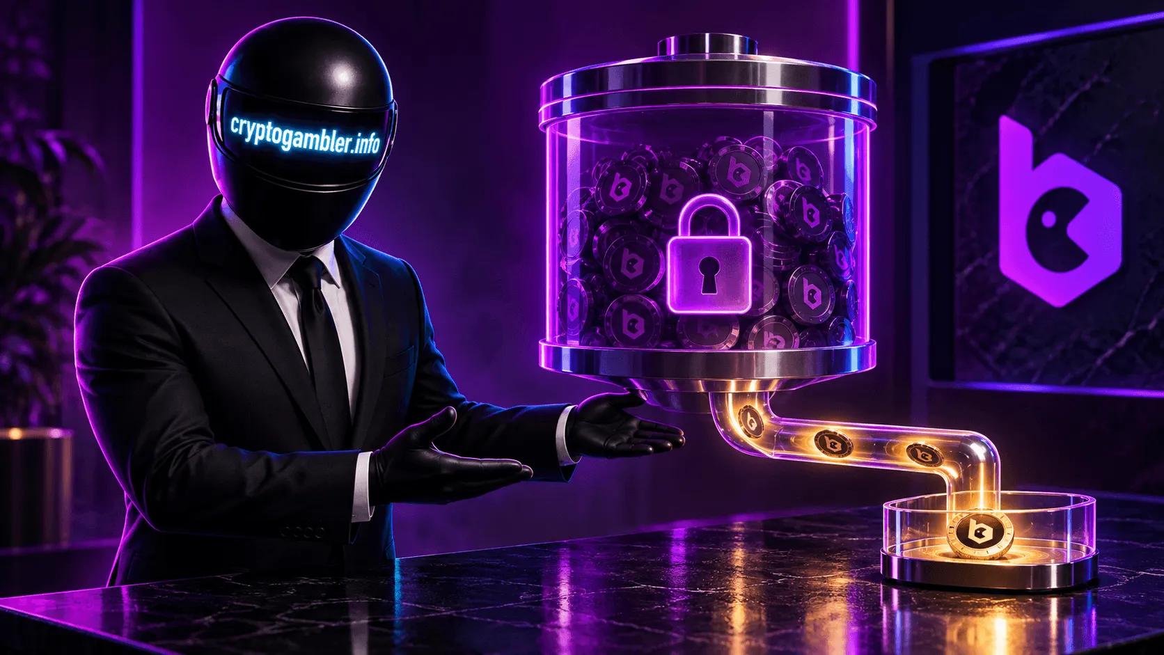 Cryptogambler mascot explaining gradual release from a locked reward balance