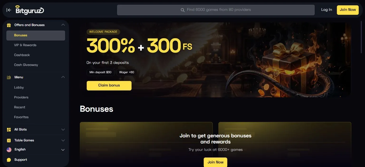 Bitguruz welcome package showing 300 percent and 300 free spins