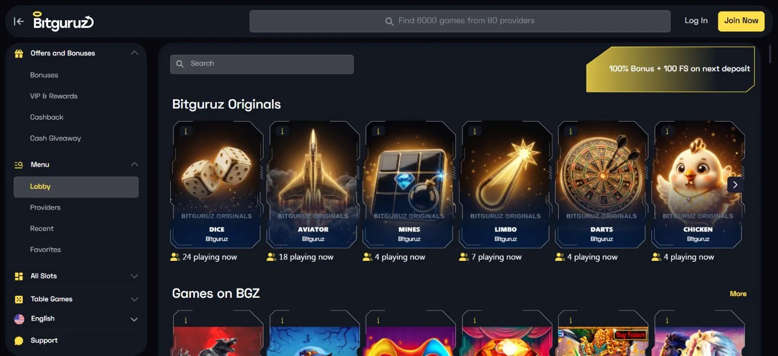 Bitguruz game lobby with Originals and BGZ casino games