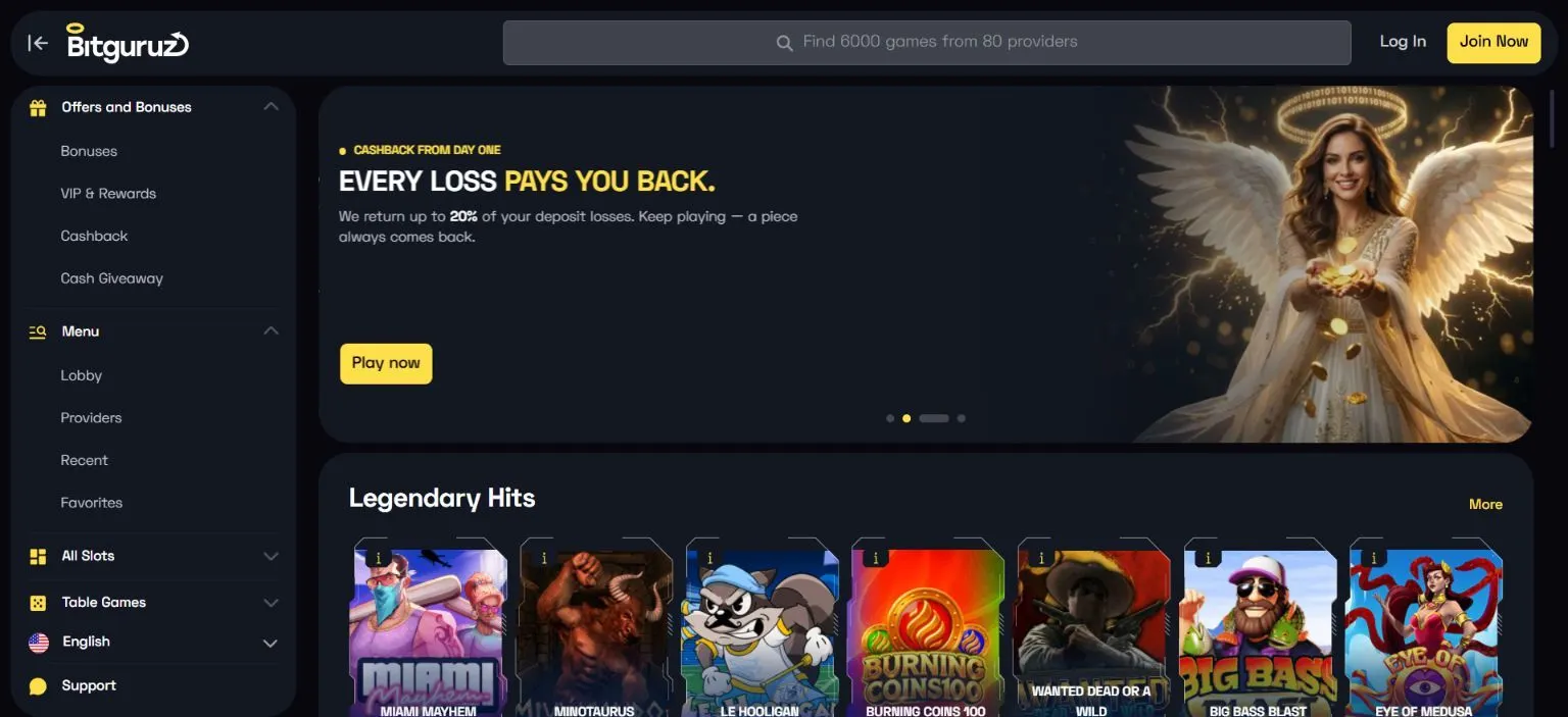 Bitguruz Casino homepage with game lobby and navigation