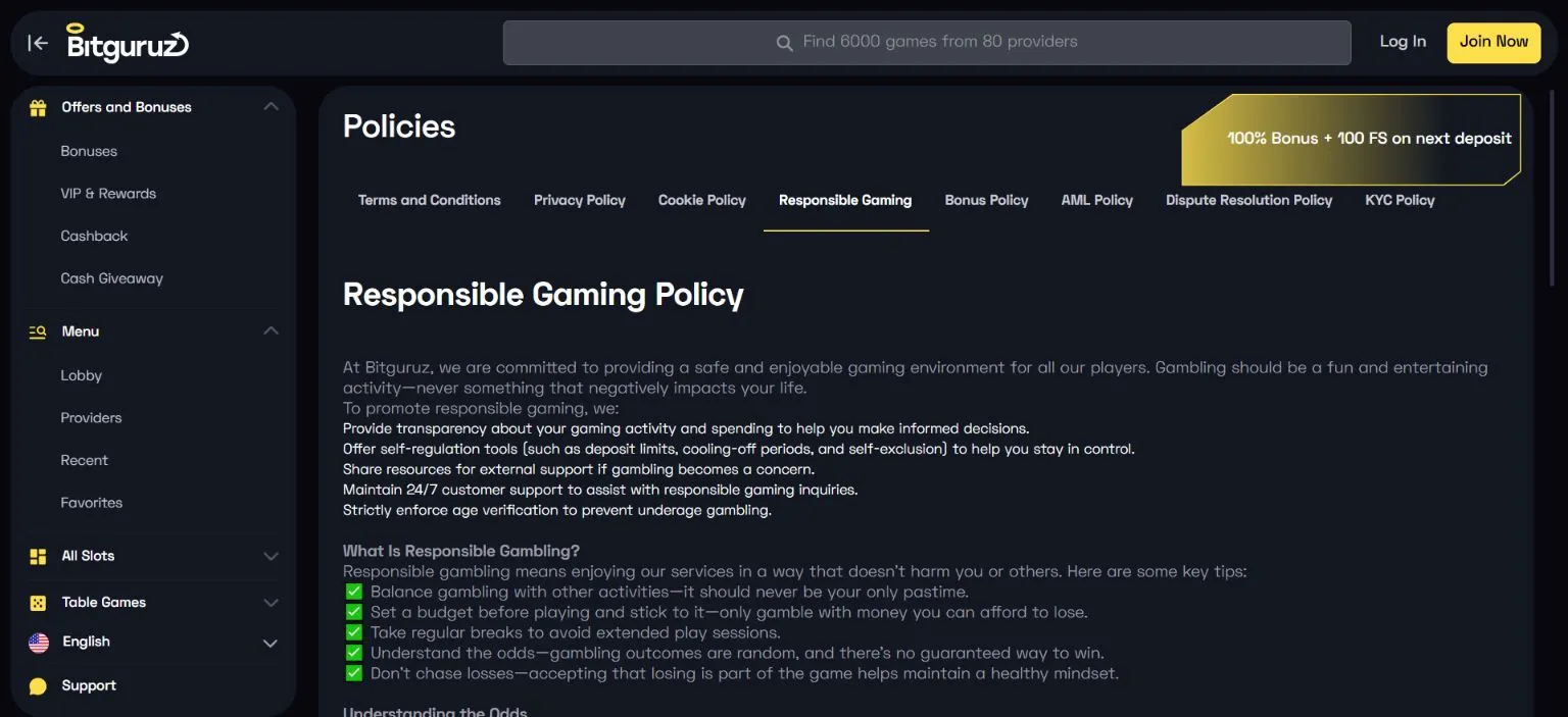 Bitguruz responsible gaming policy and account control tools