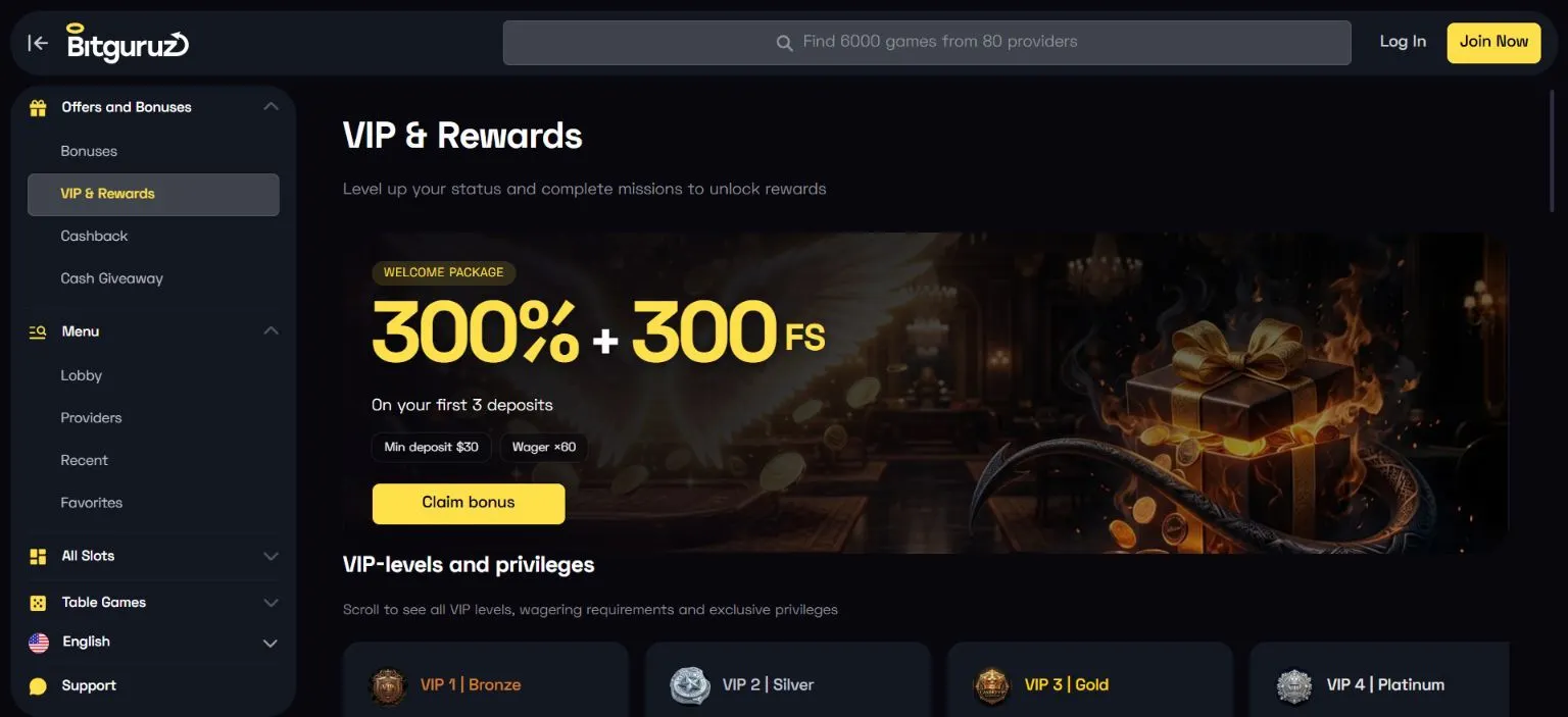 Bitguruz VIP and Rewards page with welcome package and VIP levels