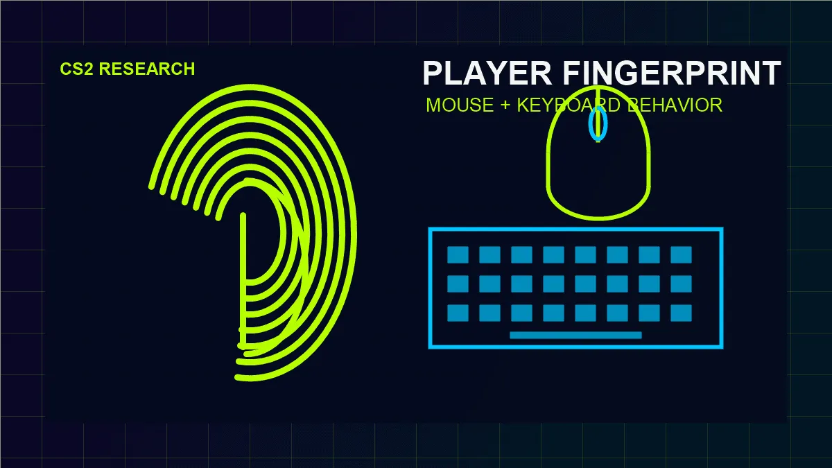 Editorial illustration of a player fingerprint formed from mouse and keyboard behavior