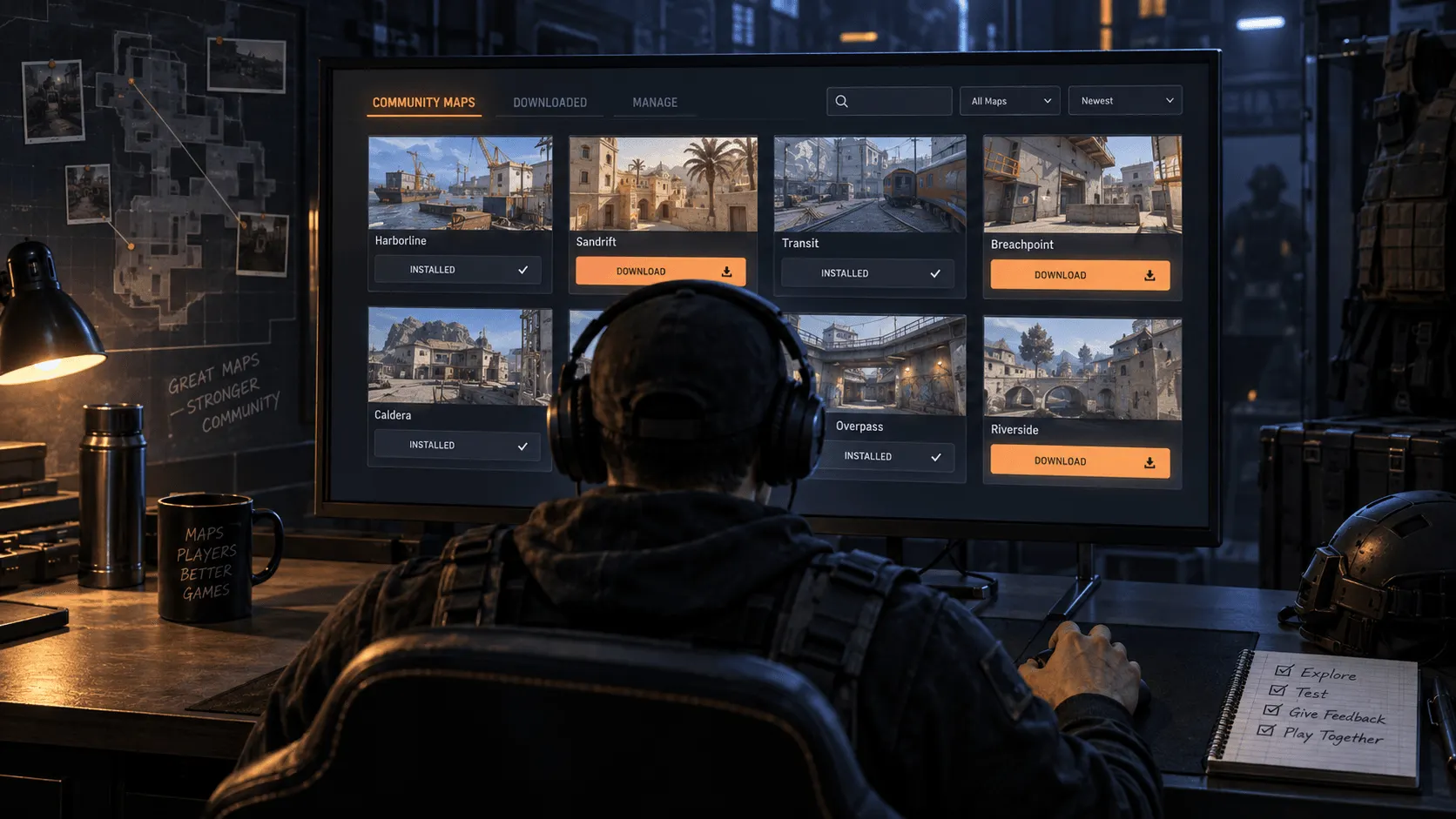 A tactical esports player manages downloaded community maps from a game menu