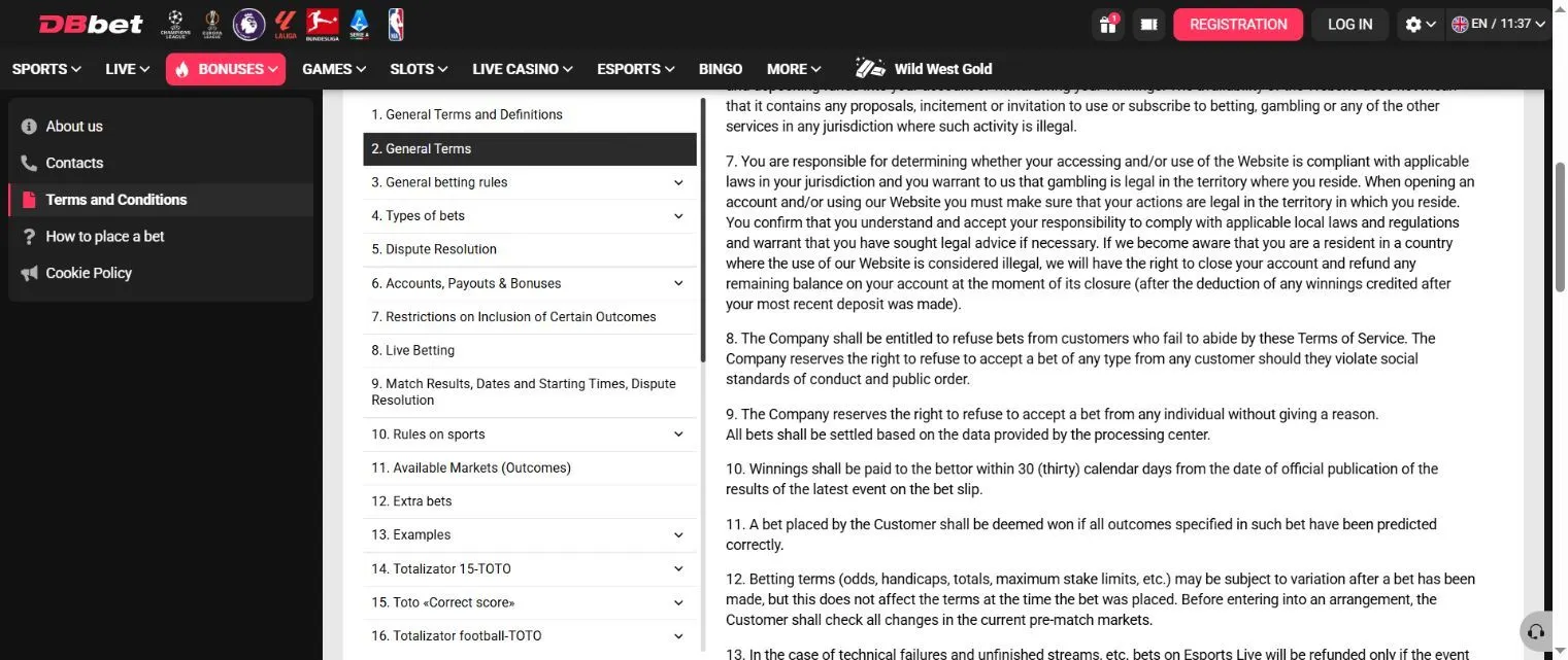 DBbet licence and restricted territories in English