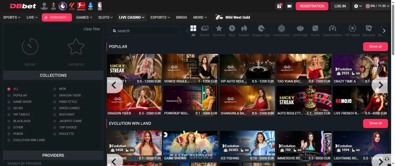 DBbet English live casino lobby