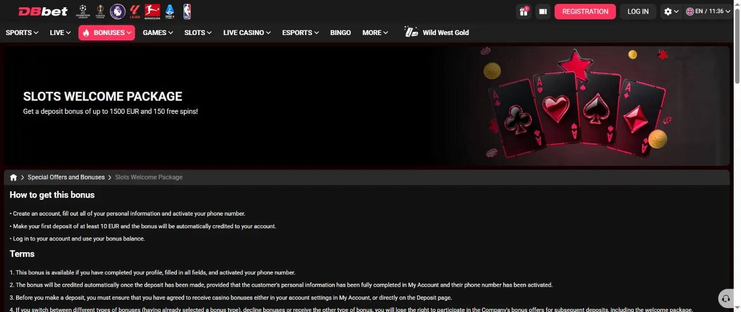 DBbet casino welcome package in English