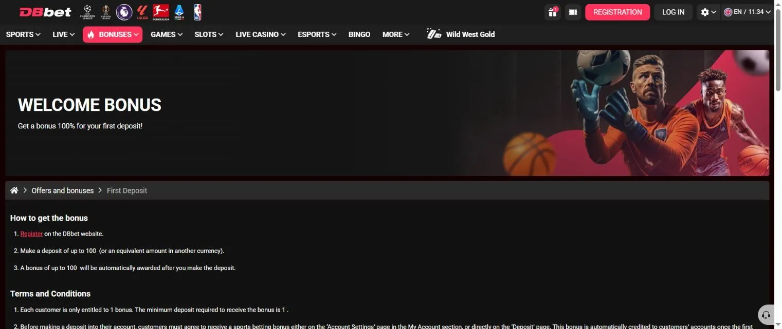 DBbet sports welcome bonus rules in English