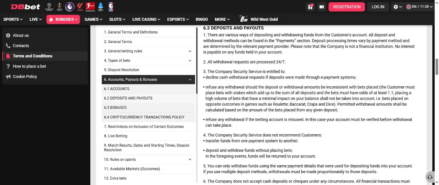 DBbet withdrawal rules in English