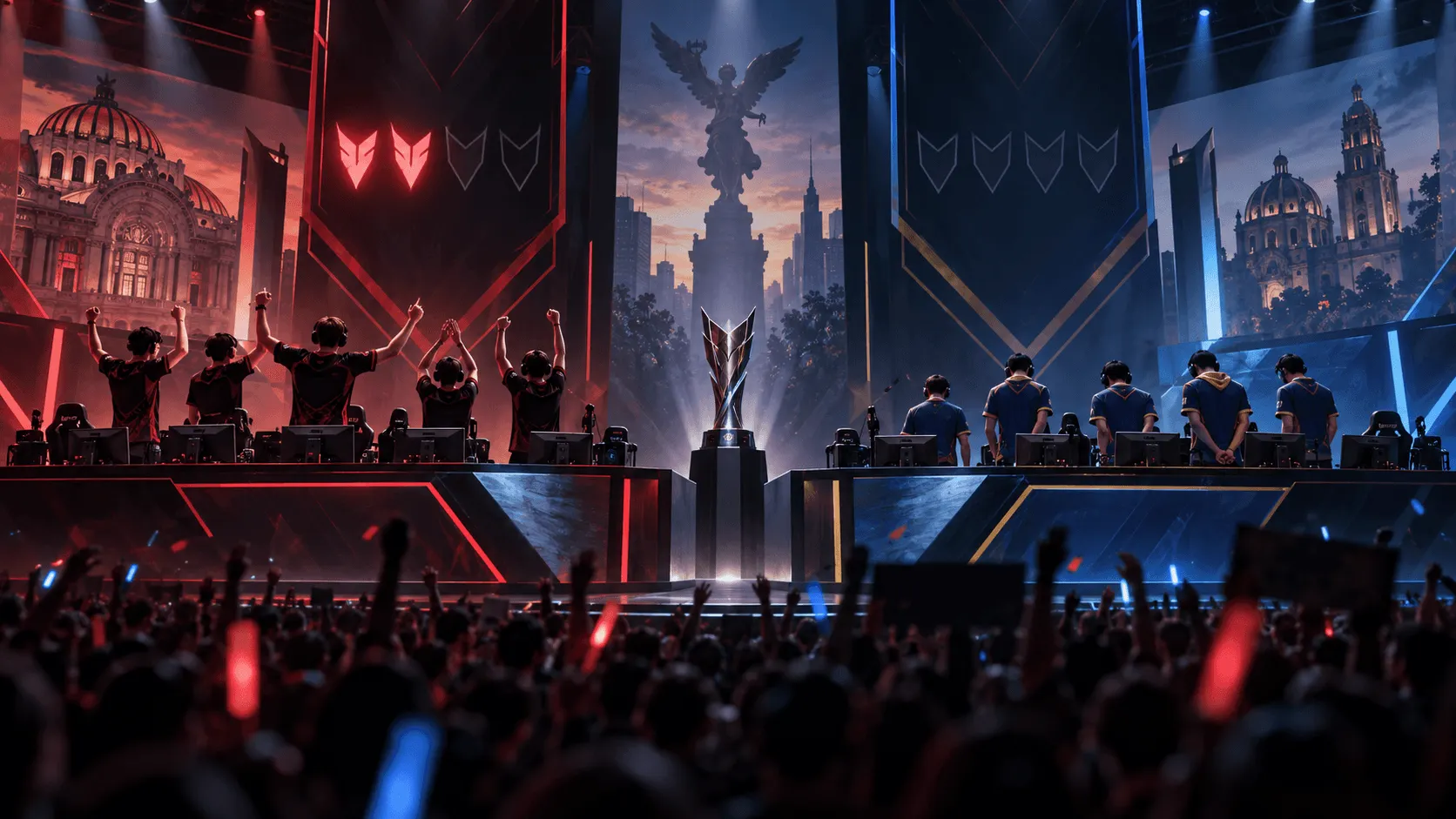 Original editorial illustration of a professional esports promotion final in Mexico City