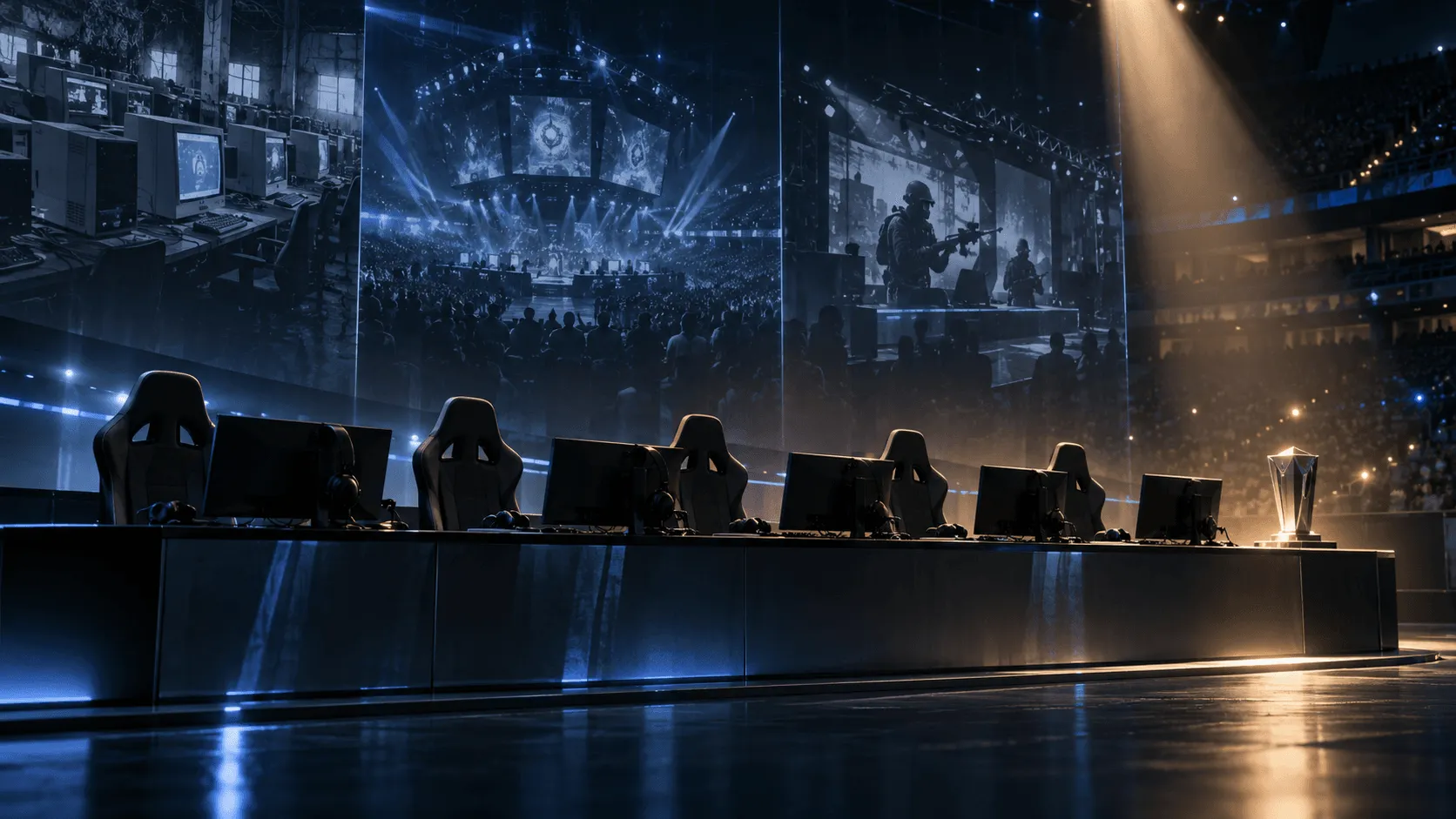 Original editorial illustration of an empty esports stage after a final competition
