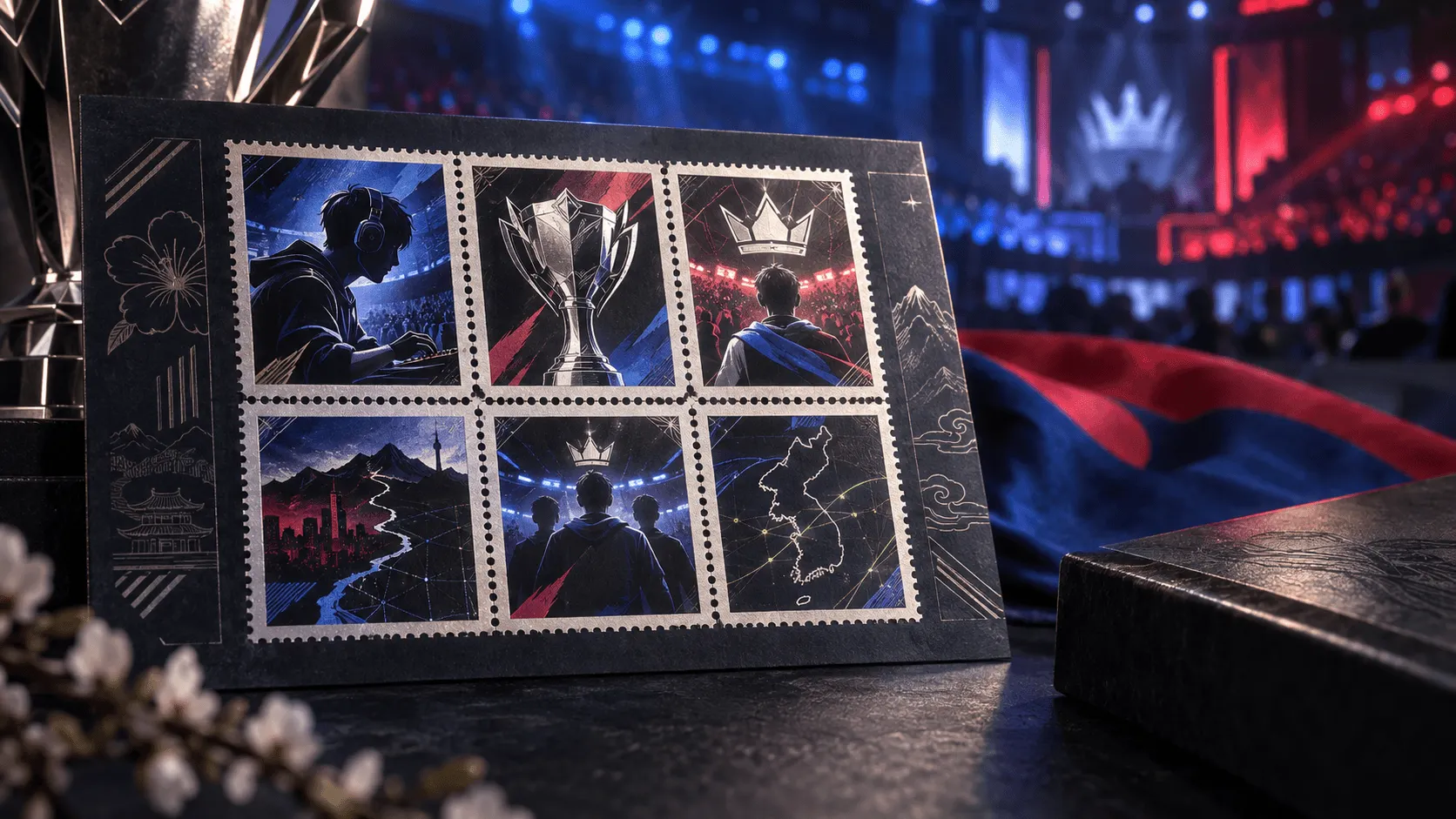 Original editorial illustration of an esports commemorative stamp collection