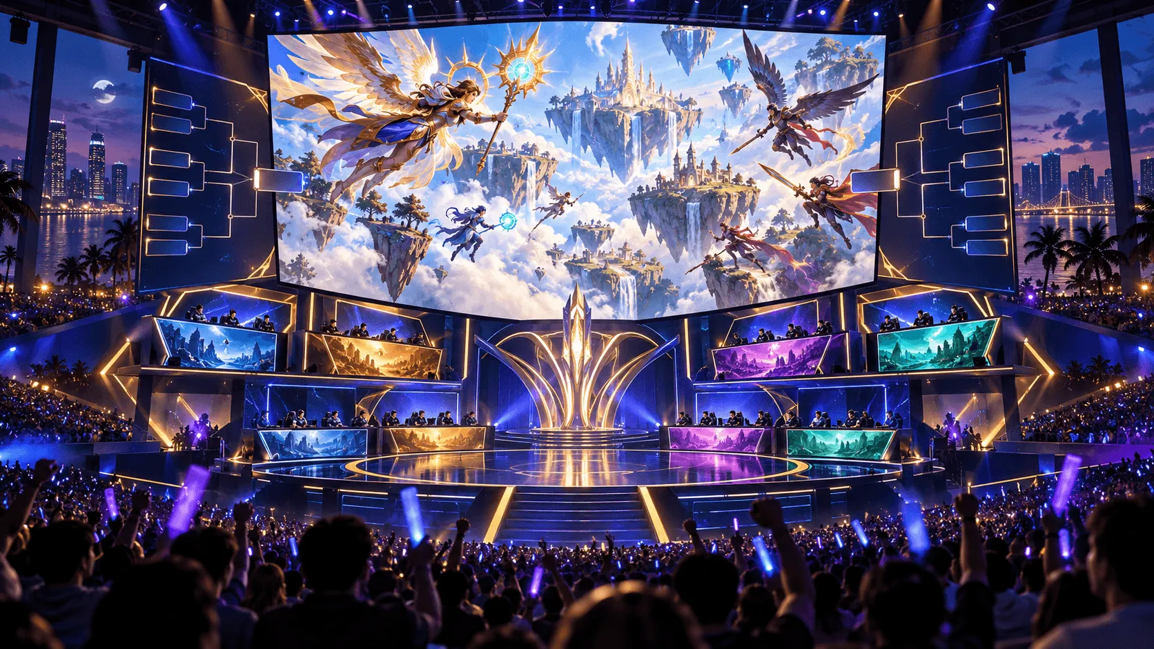 Original editorial illustration of a fantasy MMORPG esports grand final in Manila