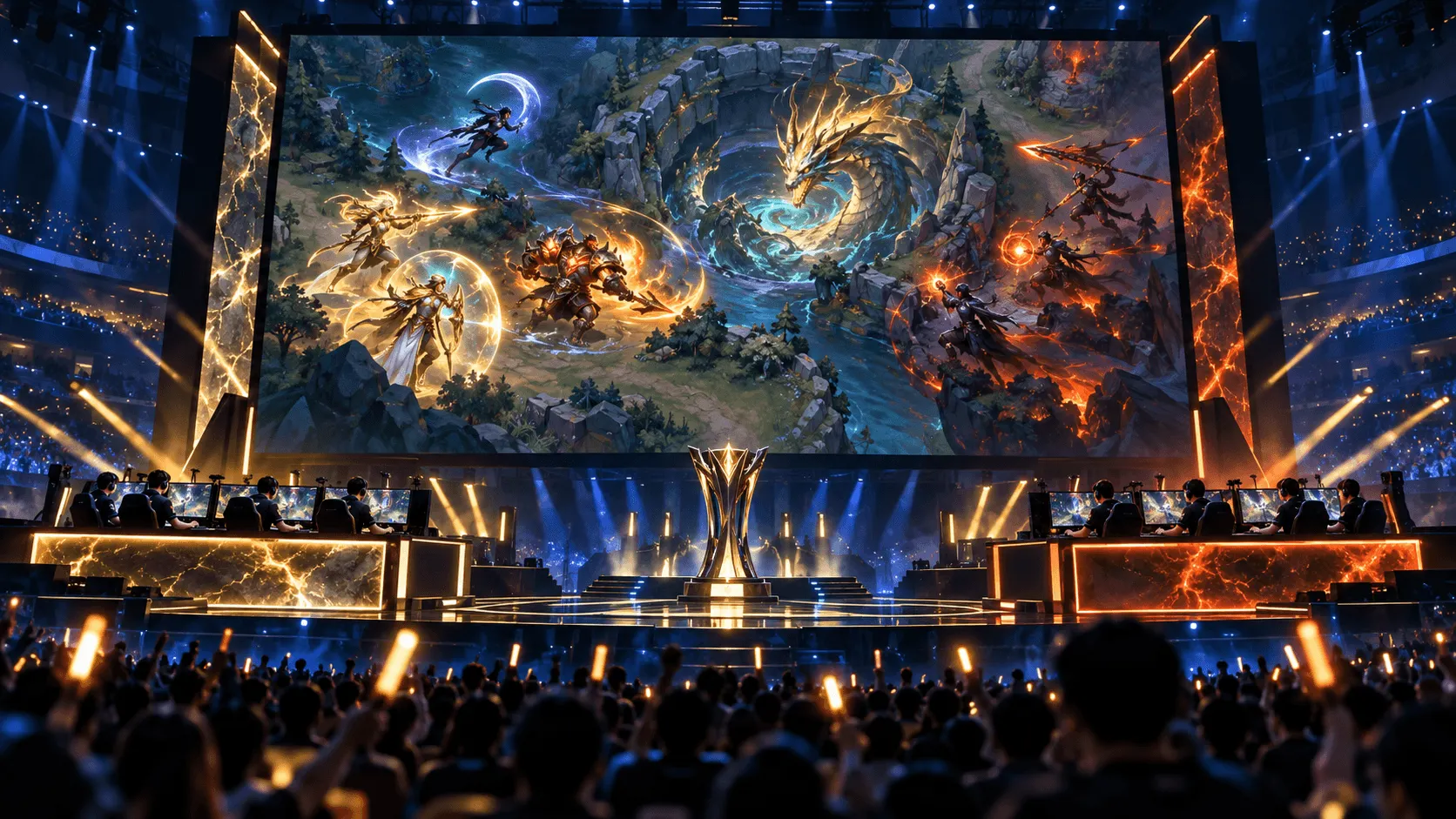 Original editorial illustration of two elite Korean esports teams meeting on a world championship stage