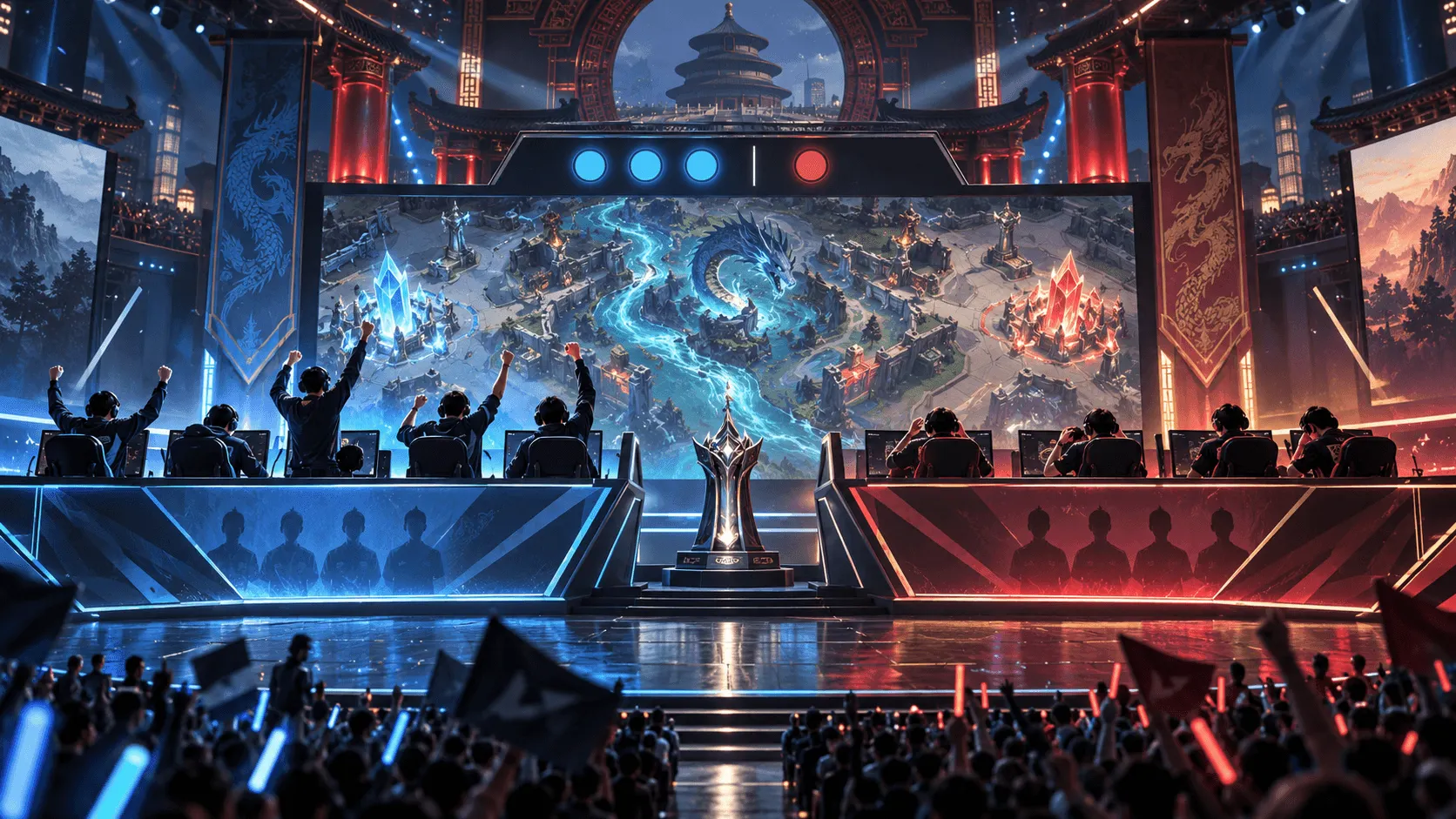 Original editorial illustration of a 3-1 international MOBA quarterfinal in Beijing