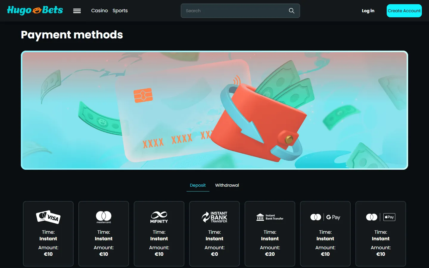 HugoBets banking page with deposit methods and minimums