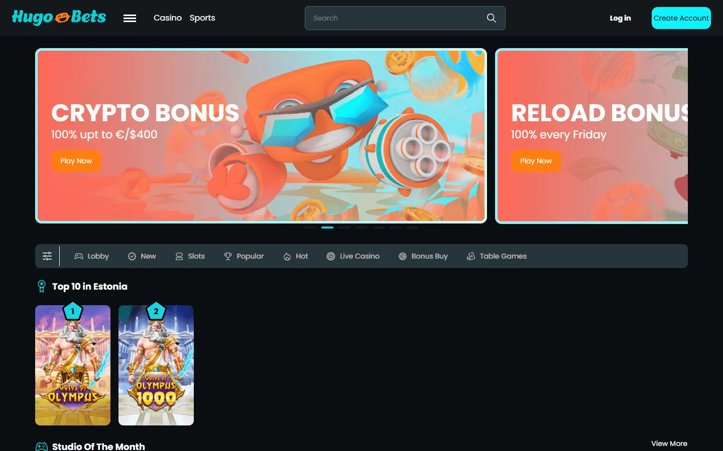 HugoBets casino lobby and game catalogue