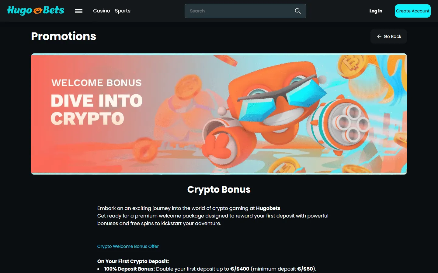 HugoBets first crypto deposit bonus terms