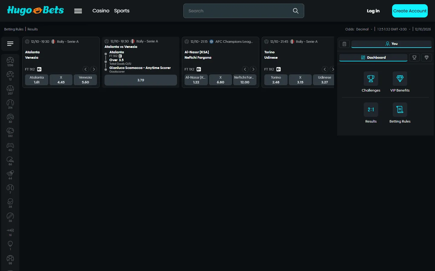 HugoBets sportsbook betting interface