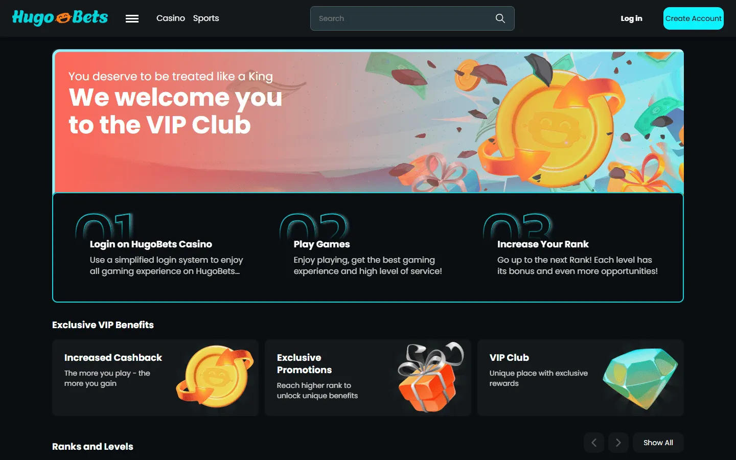 HugoBets loyalty rewards page