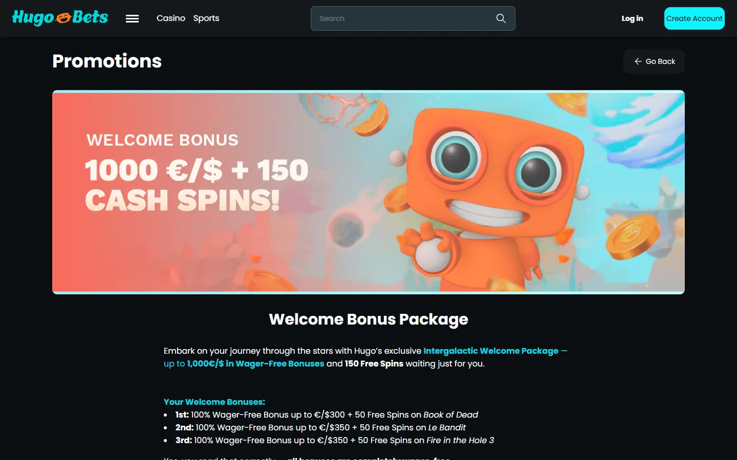 HugoBets three-deposit welcome bonus terms