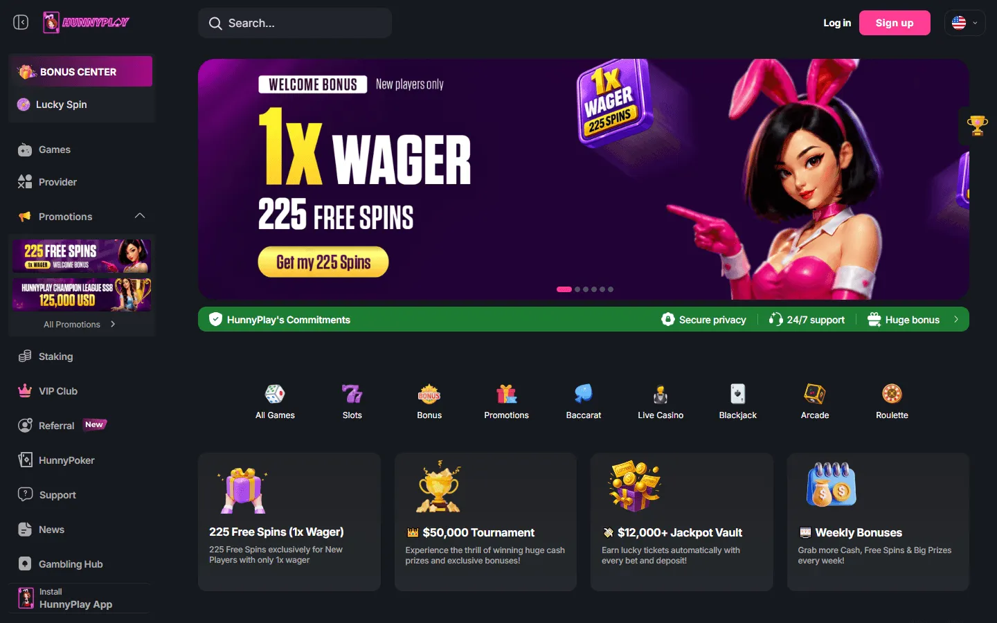 HunnyPlay casino home page and game categories