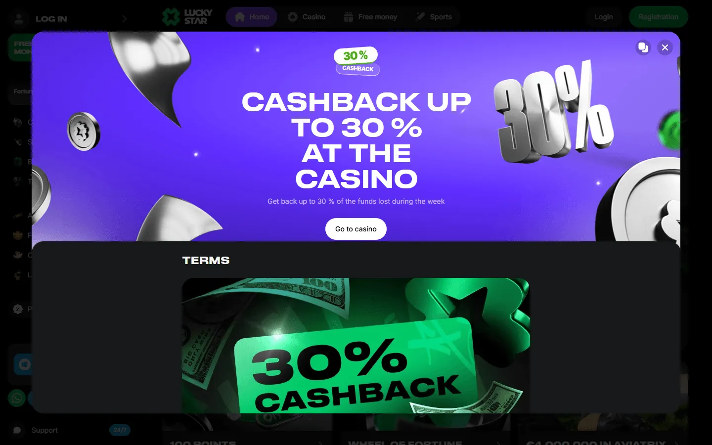 Lucky Star casino cashback up to 30 percent