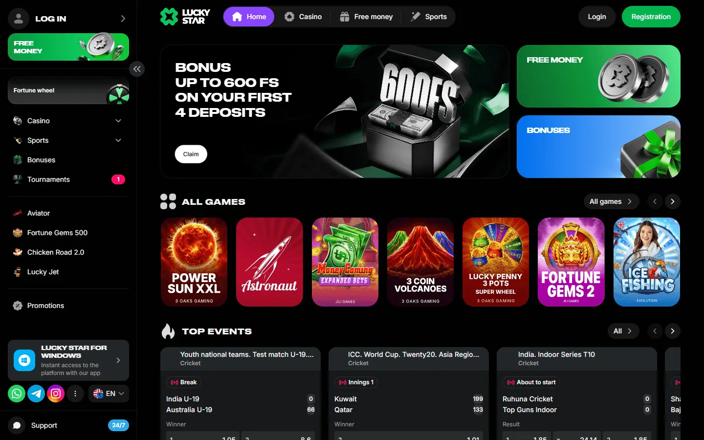Lucky Star casino home page with 600 free spins banner