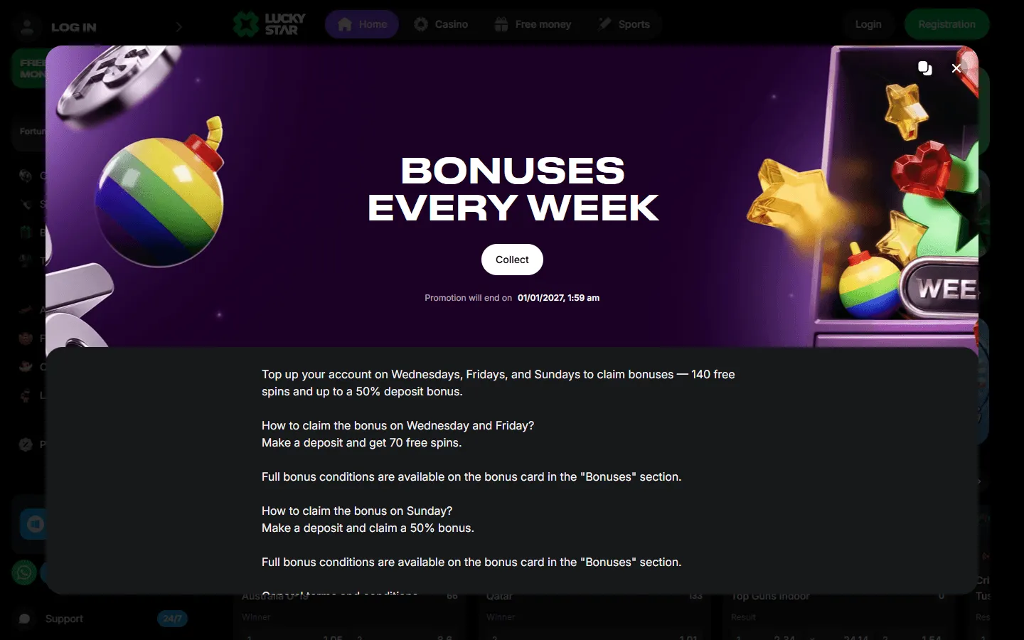 Lucky Star weekly 140 free spins and 50 percent bonus