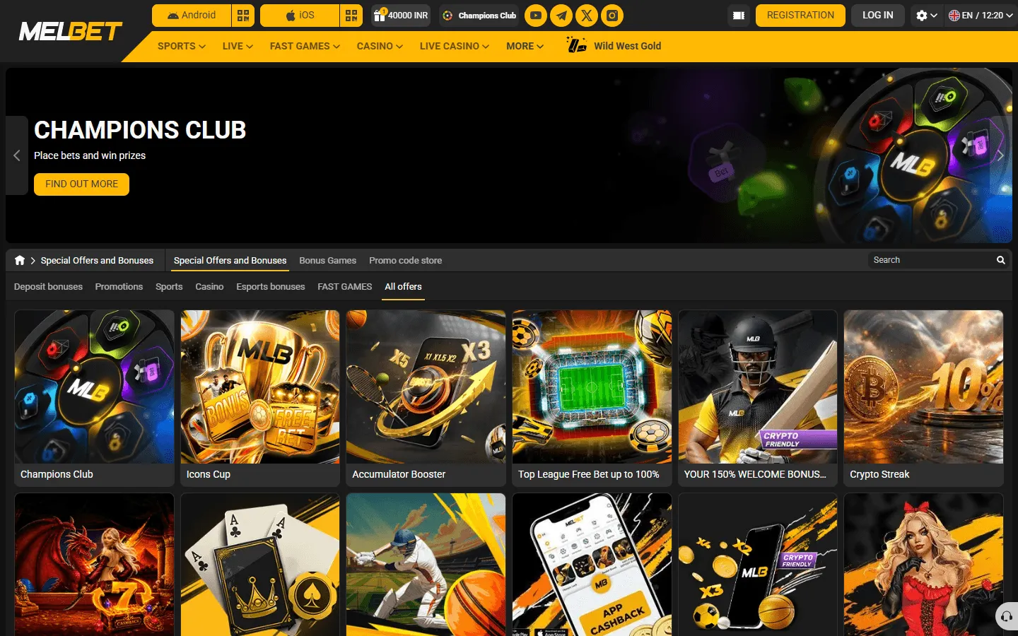 Melbet promotions page with current casino and sports offers