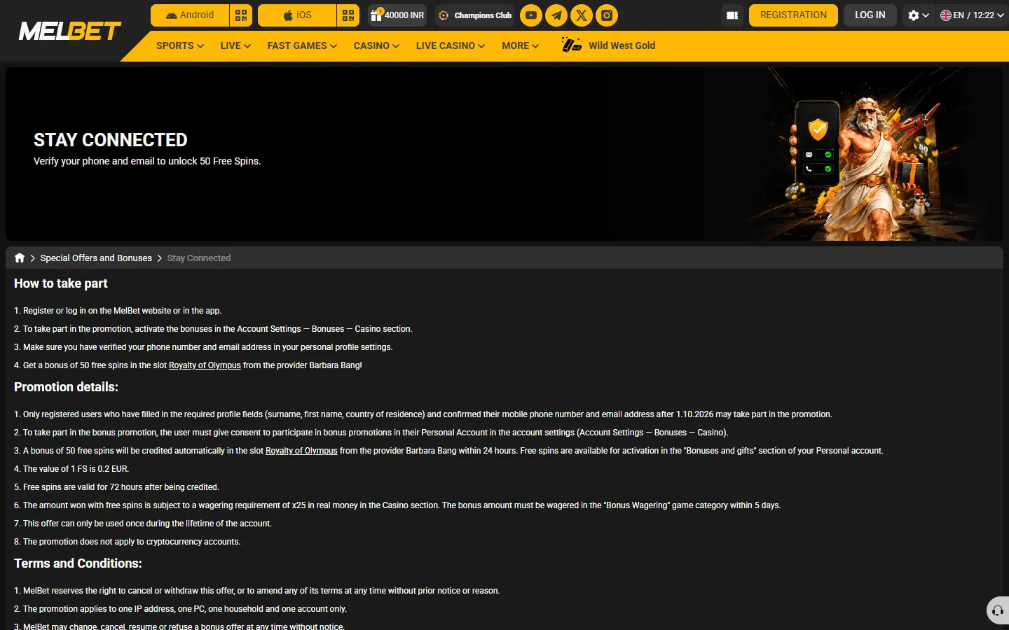 Melbet Stay Connected 50 free spins rules