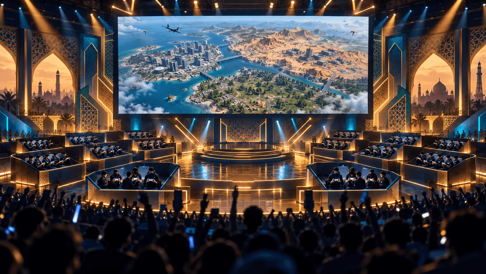 Original editorial illustration of a mobile battle royale esports final in Lahore