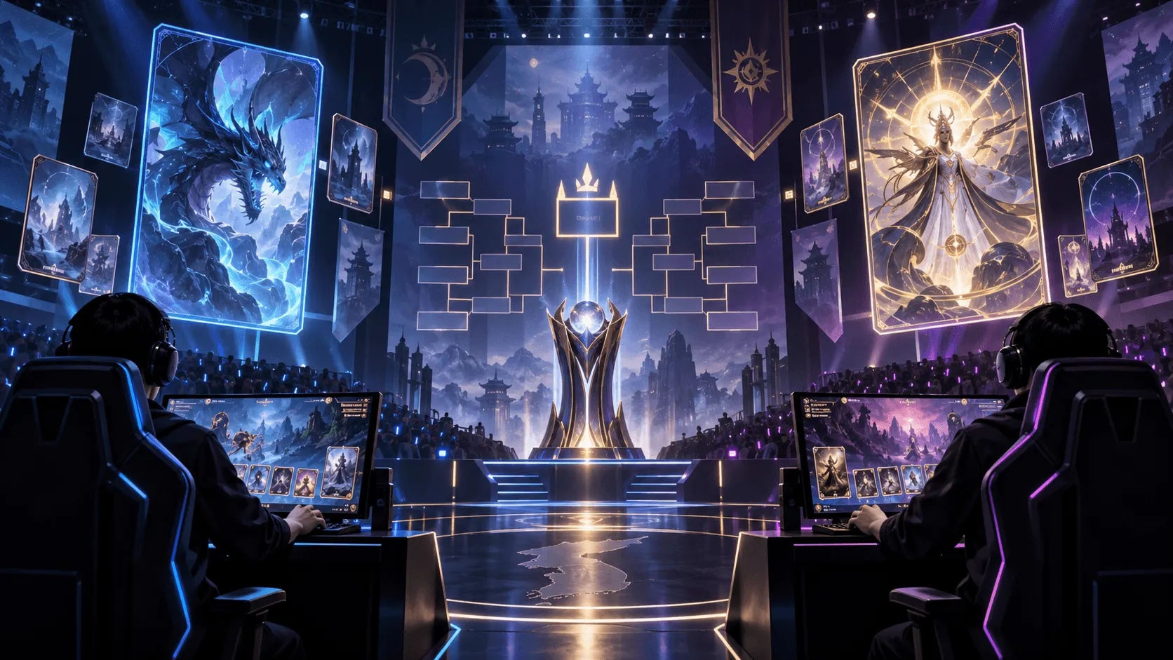 Original editorial illustration of a digital card game esports tournament