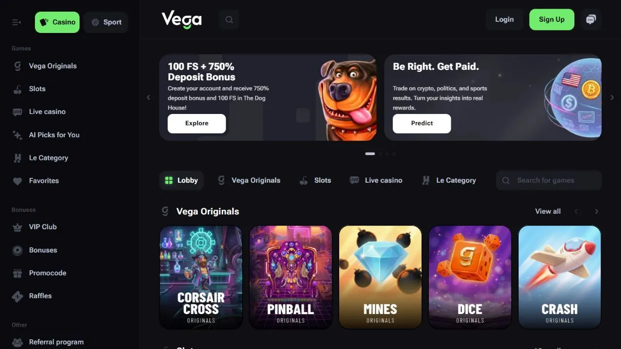 Vega.bet casino lobby with game categories and slot catalogue