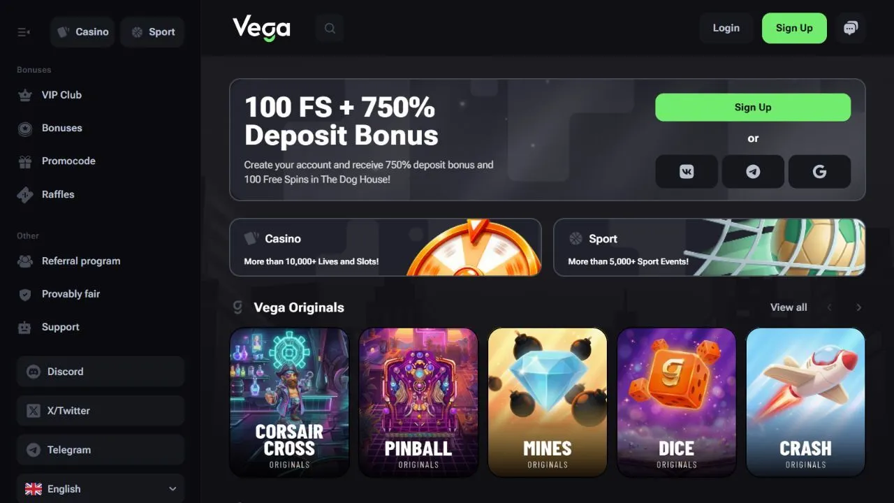 Vega.bet homepage showing the welcome offer, casino and sportsbook