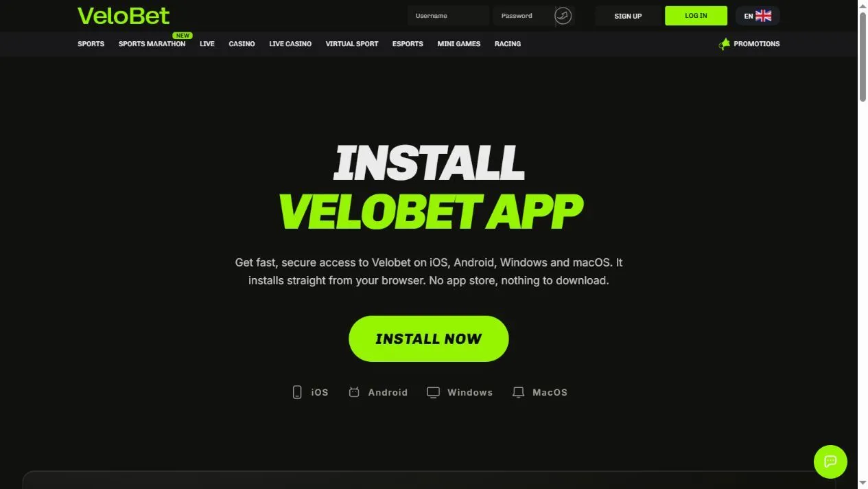 Velobet app installation for iOS, Android, Windows and macOS