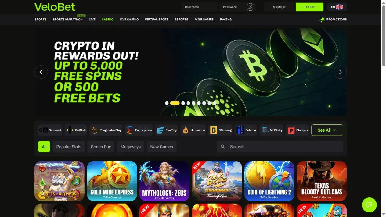 Velobet casino lobby and provider filters