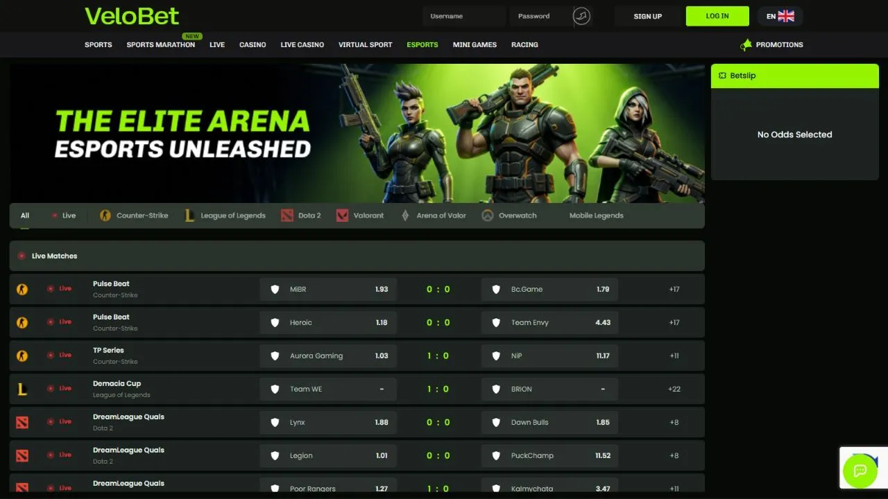 Velobet esports betting page with live markets