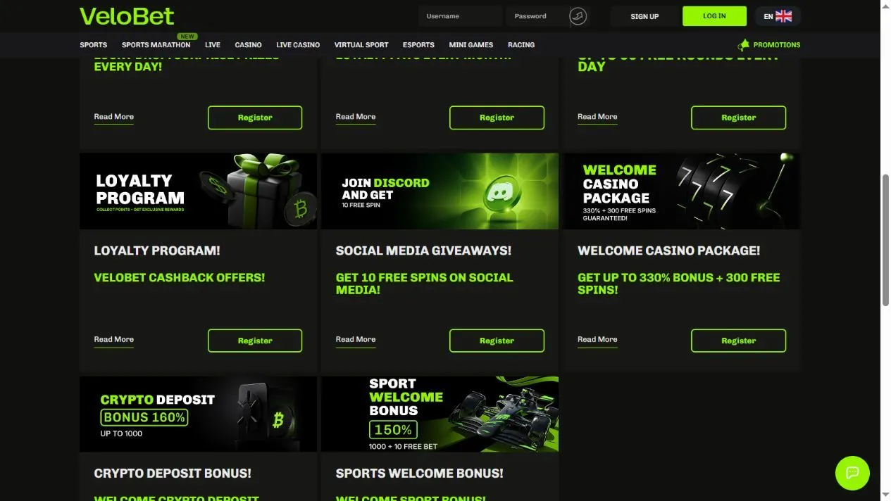 Velobet current welcome, crypto and sports bonus cards