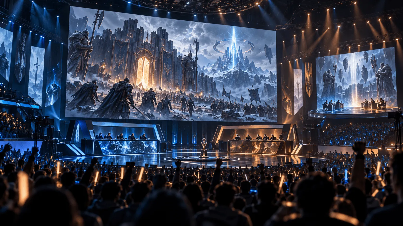 Original editorial illustration of a global fantasy MMORPG esports championship arena