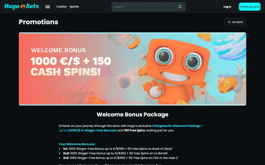 HugoBets three-deposit welcome bonus terms