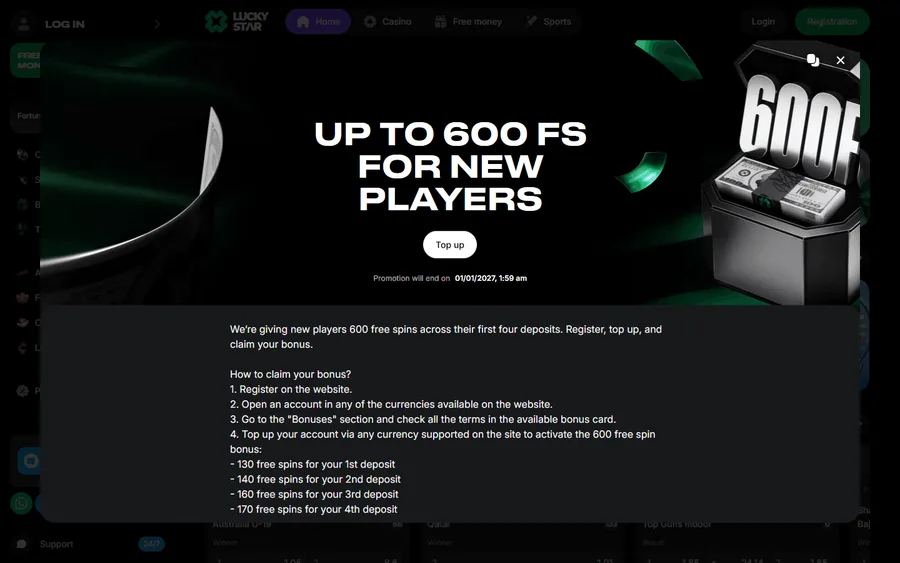 Lucky Star 600 free spins welcome bonus terms